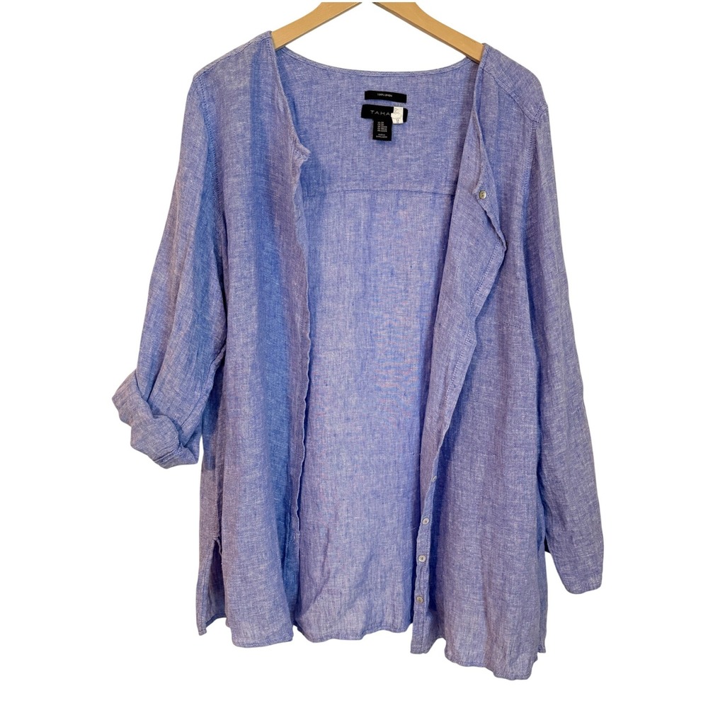 Tahari Linen Button Front Tunic Top Size 2X Roll Tab Sleeve cruise natural fiber